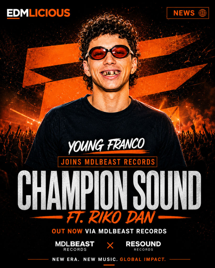 Young Franco Champion Sound artwork featuring EDM news design with orange and black EDMLICIOUS branding and Riko Dan collaboration